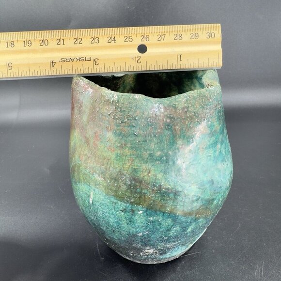 Vintage Raku Studio Art Pottery Vase Bowl Wavy Star Top Green Shiny Glaze Signed - Picture 4 of 14